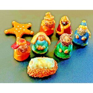 Vintage 8 pc Nativity Set Clay Folk Art
